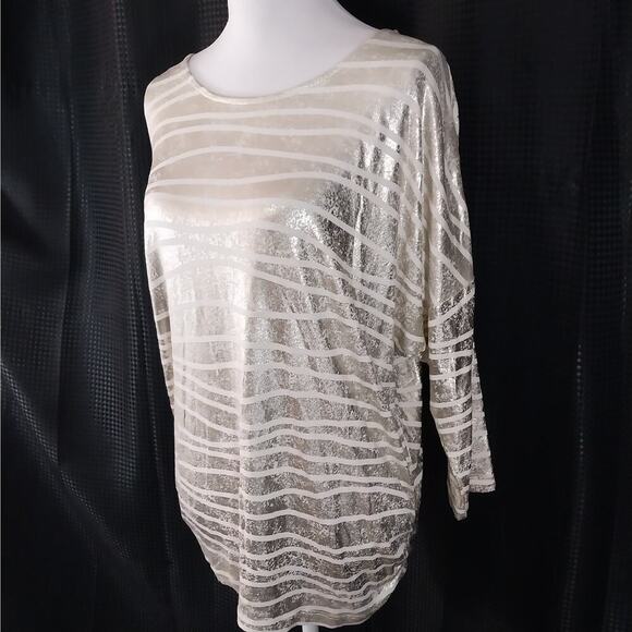 NWOT! CHICO'S! GOLD METALLIC & CREAM ABSTRACT STRIPE OVERSIZED TUNIC TOP! SZ S - Picture 6 of 13